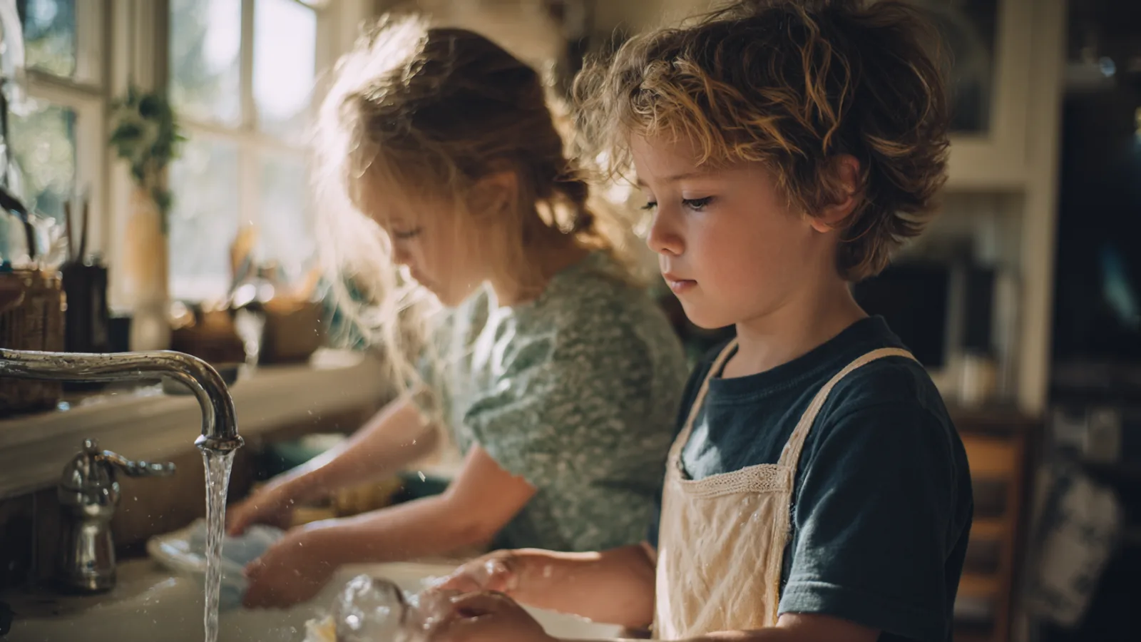 Two siblings side by side at a kitchen sink, each working on their own part of the washing up