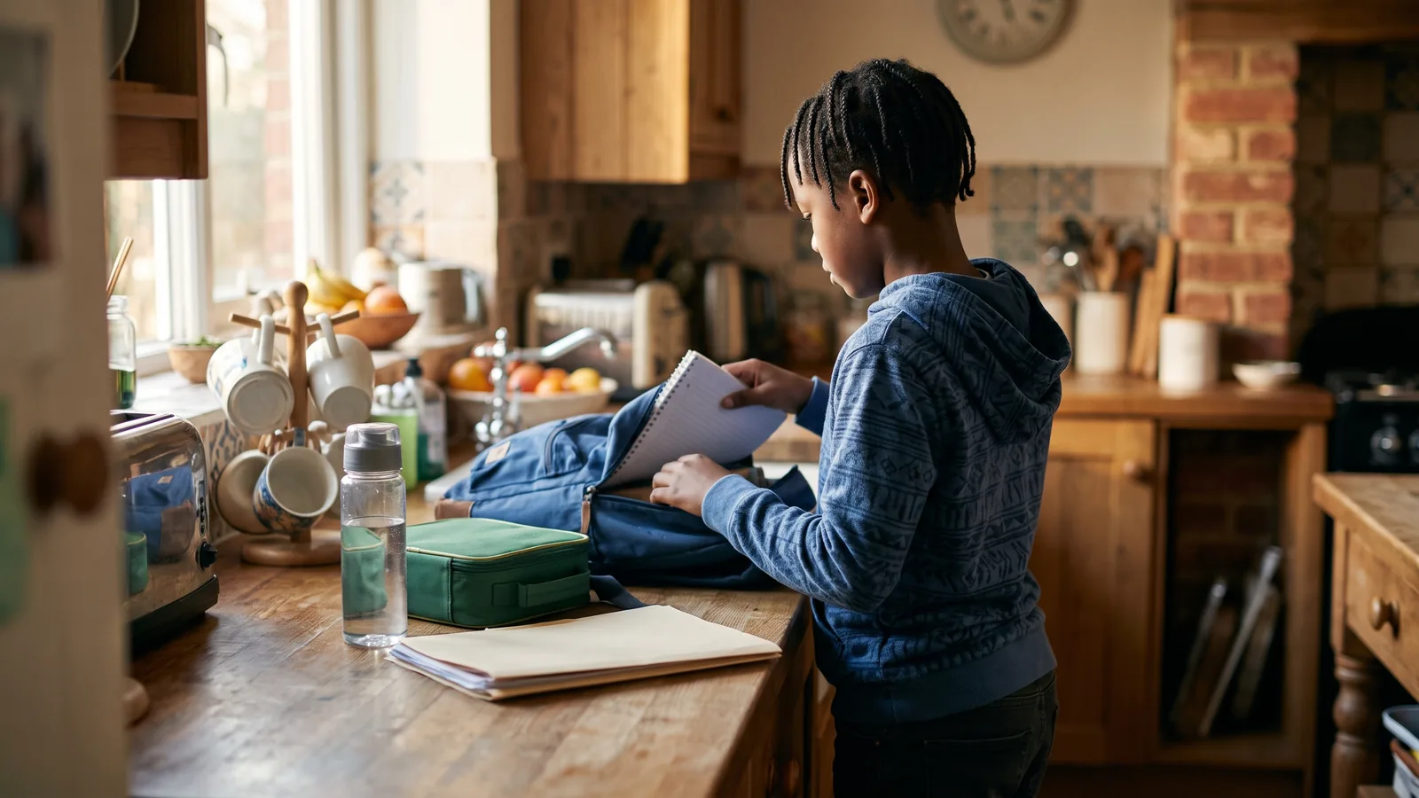 A child unpacking a school backpack at the kitchen counter in the late afternoon, lunchbox and folder set out beside it