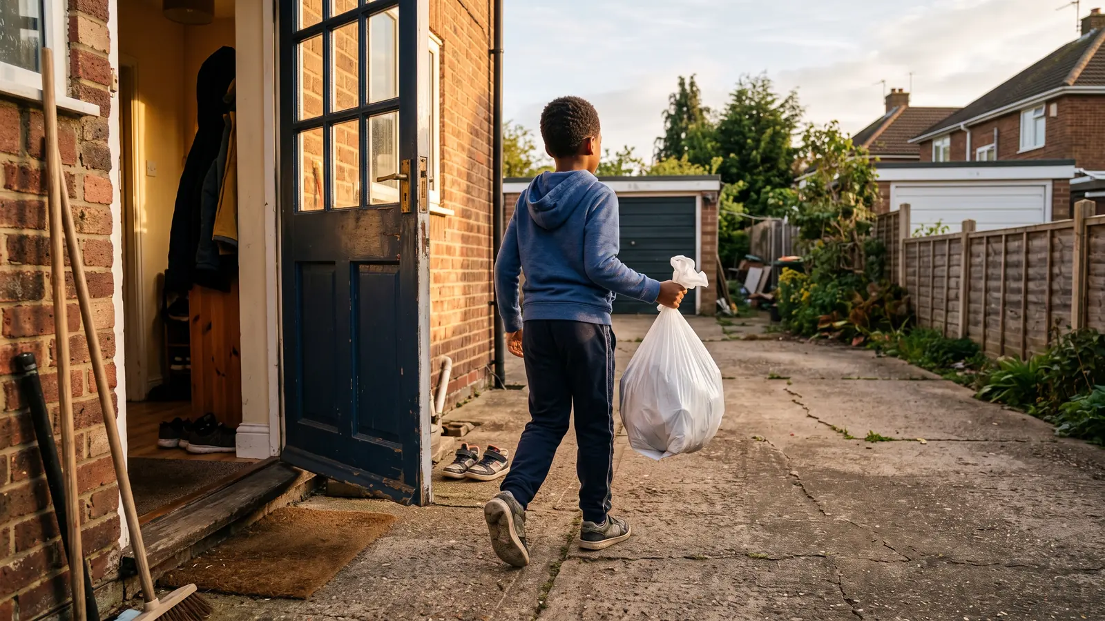 A child seen from behind carrying a tied kitchen bin bag out through a back door into early morning light