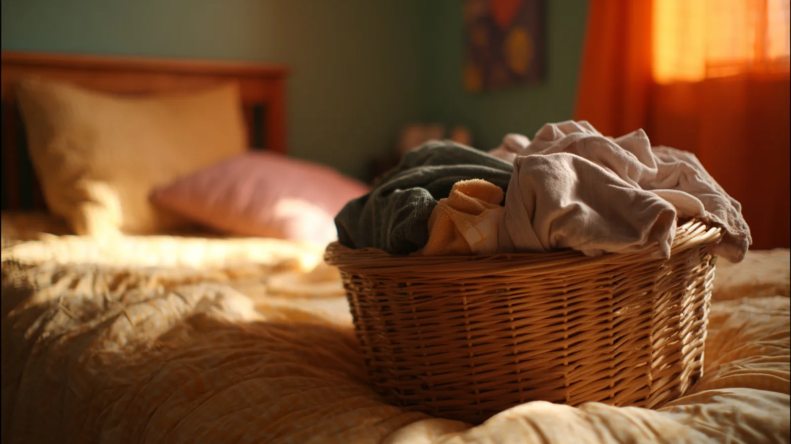 A kid's bedroom mid-cleanup with a freshly made bed and a basket of folded laundry