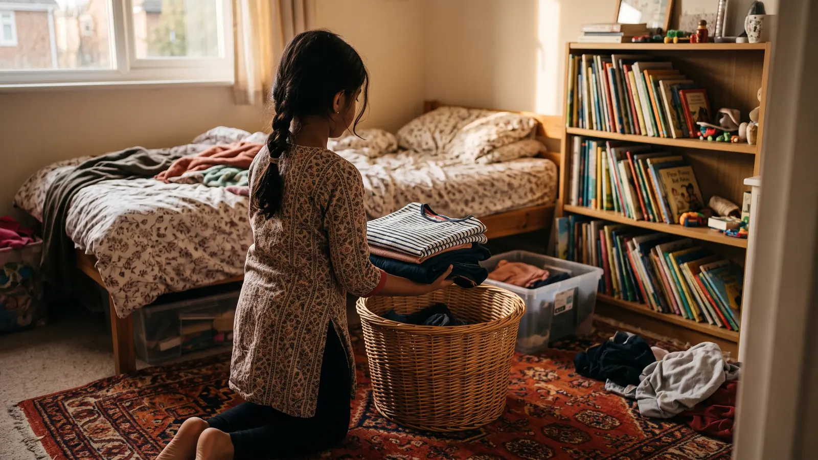 A child kneeling on a bedroom floor sorting clothes into a laundry basket in the late afternoon light