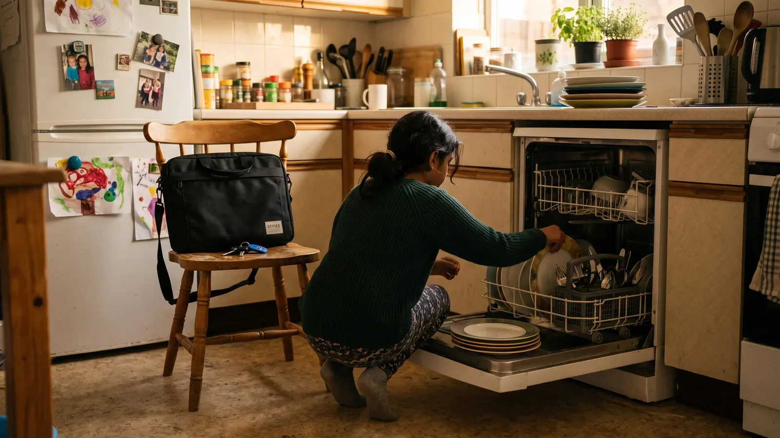 A child seen from behind unloading a dishwasher in a kitchen at early evening, a work bag and car keys on the chair behind them