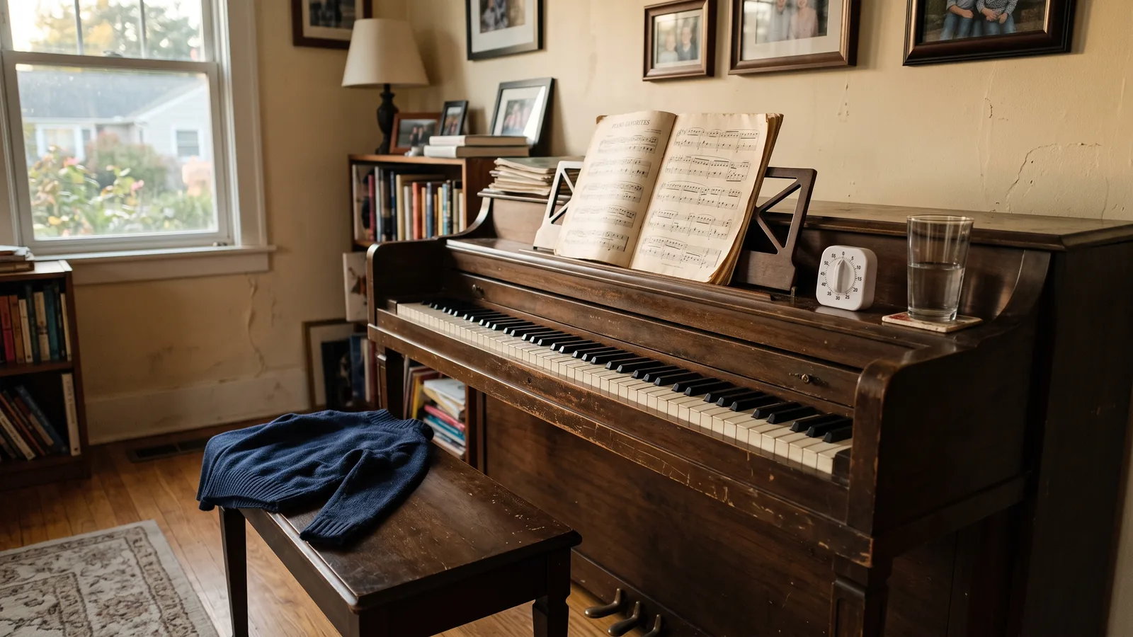 An upright piano in a quiet living room with open sheet music and a small kitchen timer on top, in warm evening light
