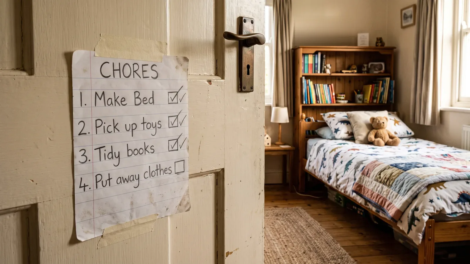 A handwritten four-step chore list taped to a bedroom door with three steps ticked off, a made bed and a tidy shelf visible behind it