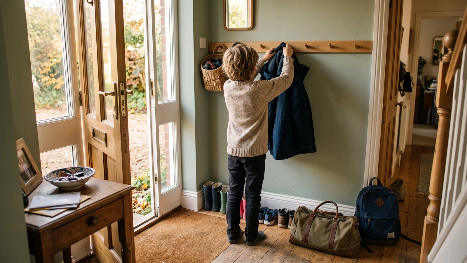 A child seen from behind hanging up a coat beside a weekend bag and a school backpack just inside a front door