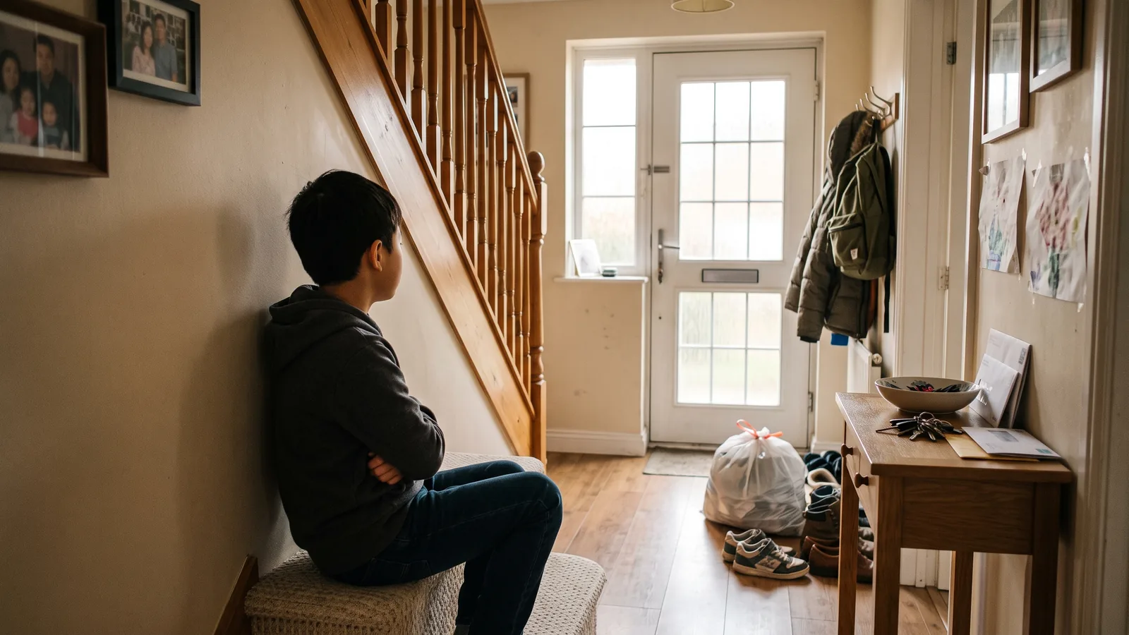 A boy sitting at the foot of the stairs with his arms folded, looking away, a tied kitchen trash bag waiting by the front door