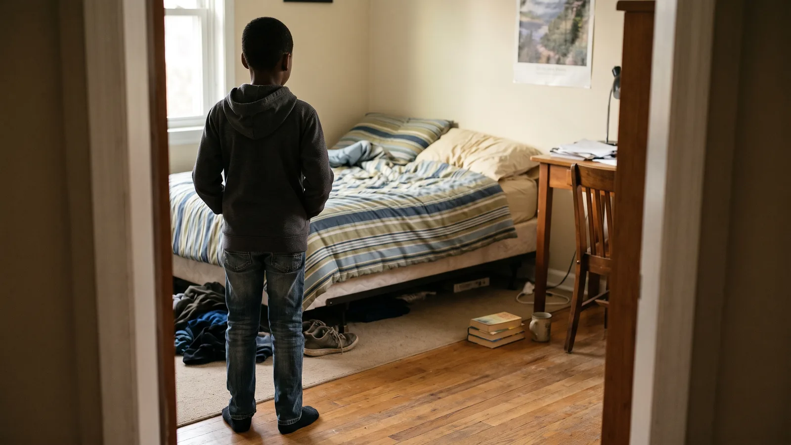 A boy seen from behind standing in the doorway of his half-tidied bedroom, hands in his hoodie pocket, a pile of clothes pushed under the bed