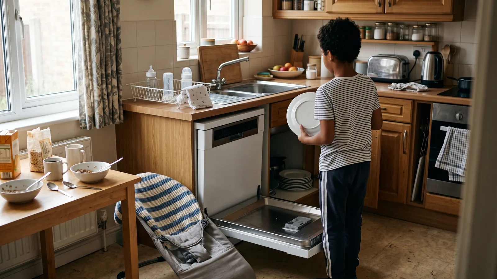 A boy seen from behind unloading clean plates from the dishwasher in a family kitchen, baby bottles drying on the counter and an empty baby bouncer by the table