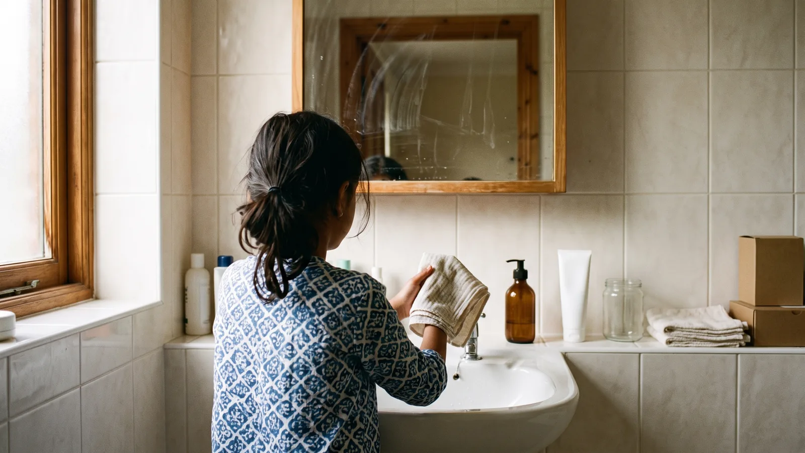 A child standing at a bathroom sink holding a folded cloth, the basin wiped but the mirror still streaked