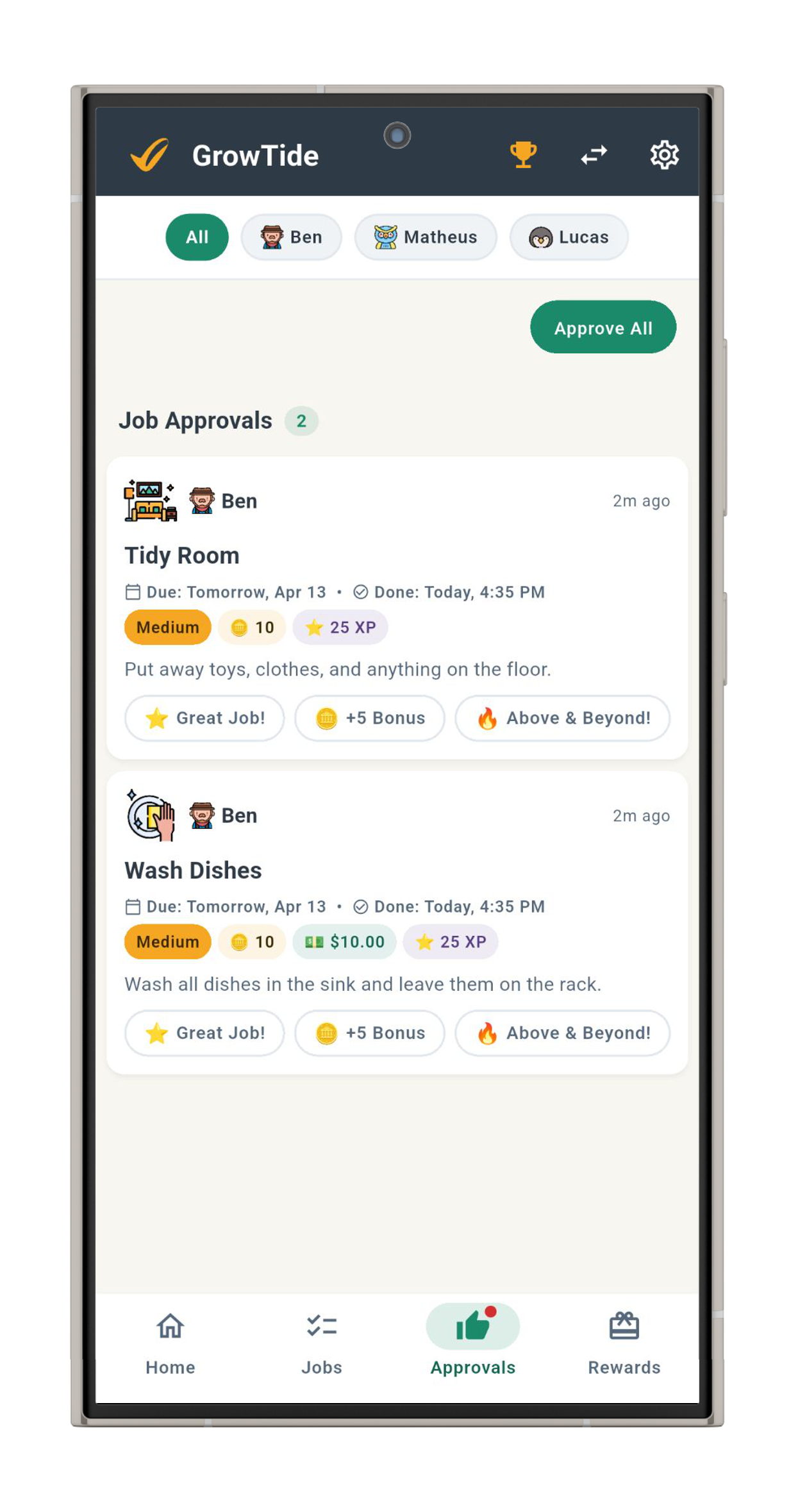 Parent approval screen