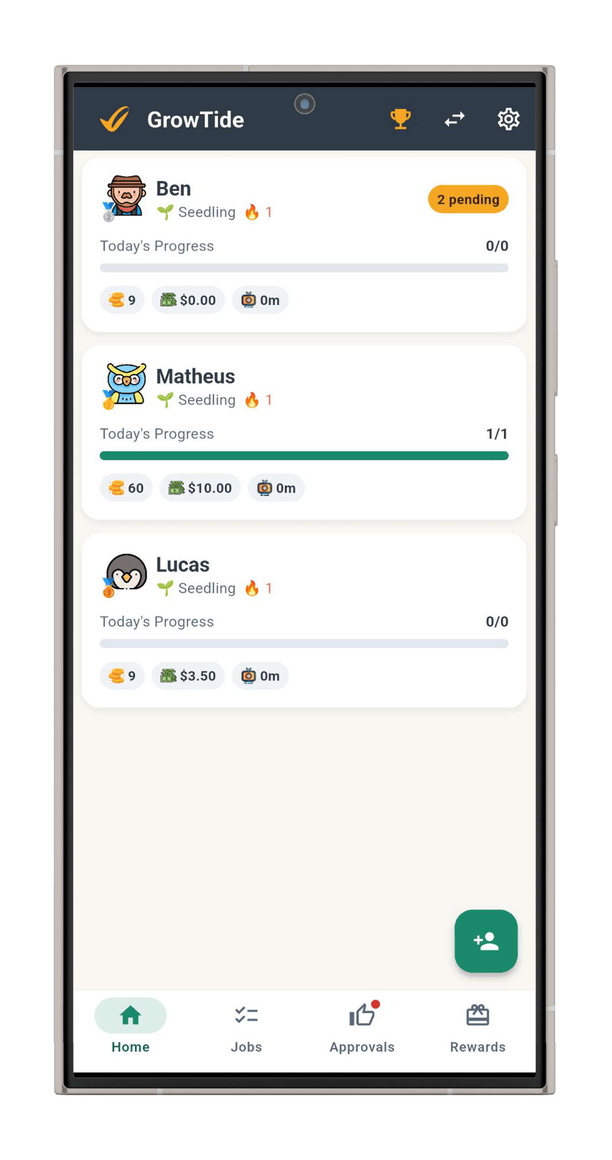Best chore app for kids 2026 — GrowTide parent dashboard showing kids' chore progress and rewards