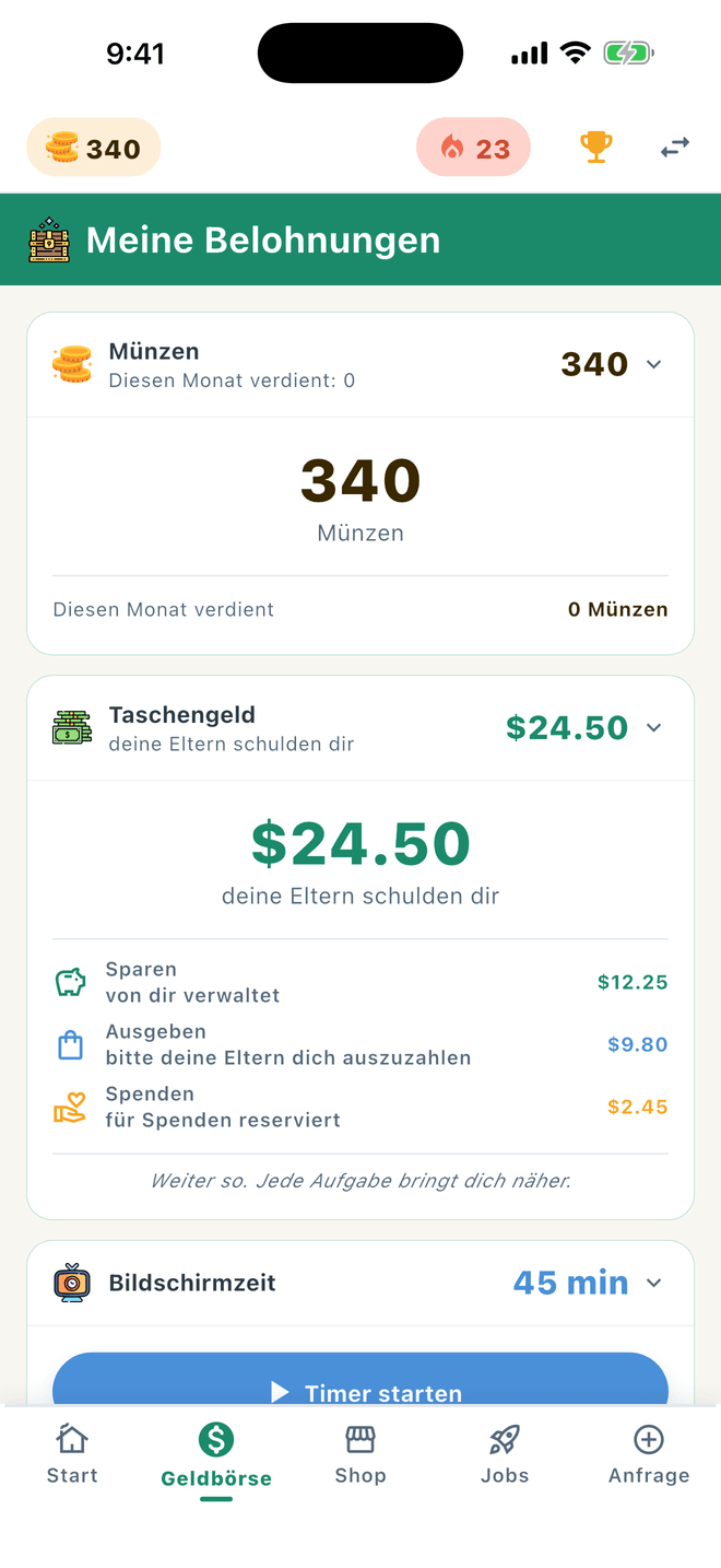 Taschengeld aufgeteilt auf die Töpfe Sparen, Ausgeben und Spenden