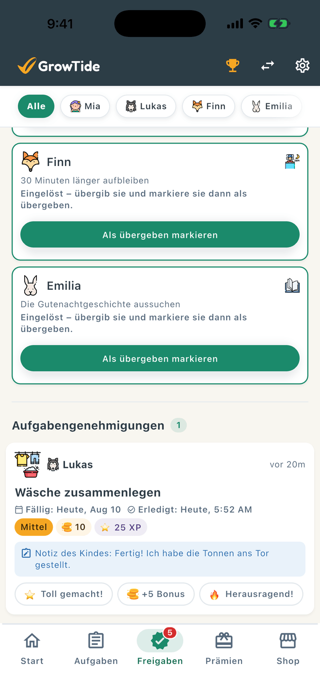 Bestätigungsansicht für Eltern