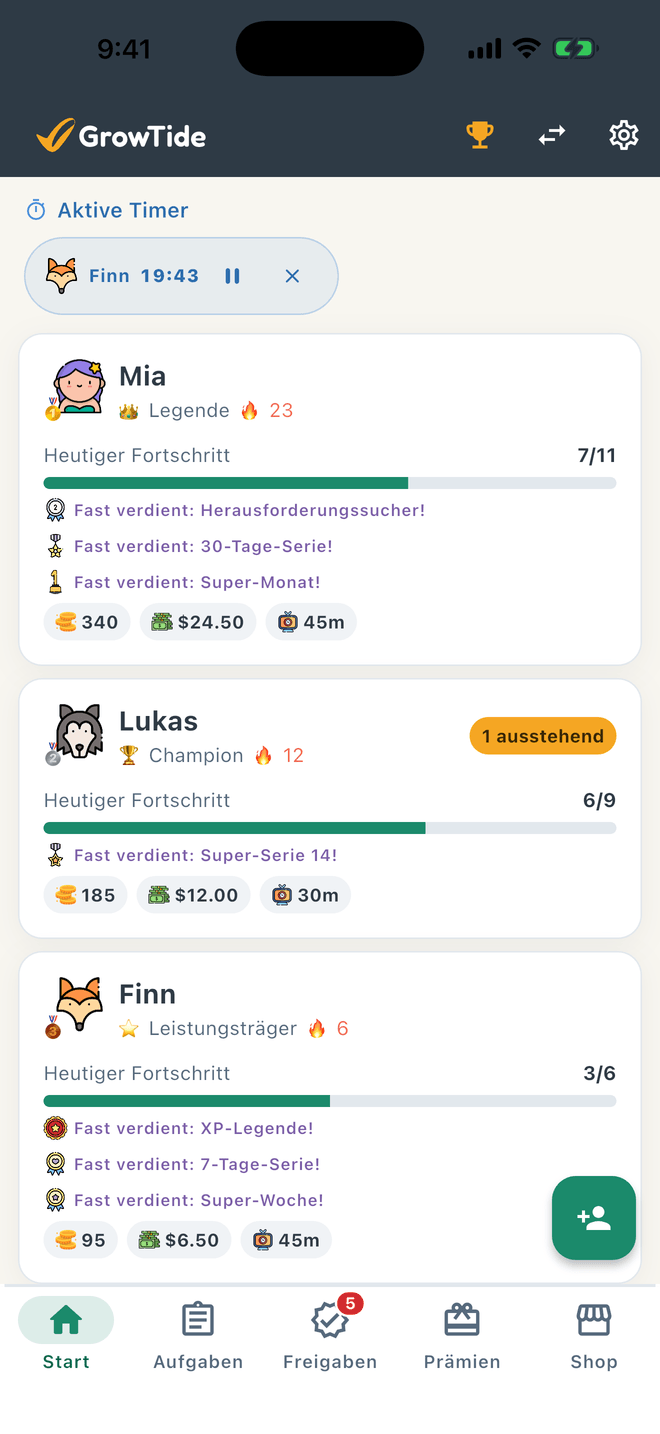 App für Hausarbeit mit Kindern auf Deutsch: der GrowTide-Bildschirm mit Fortschritt und Belohnungen jedes Kindes