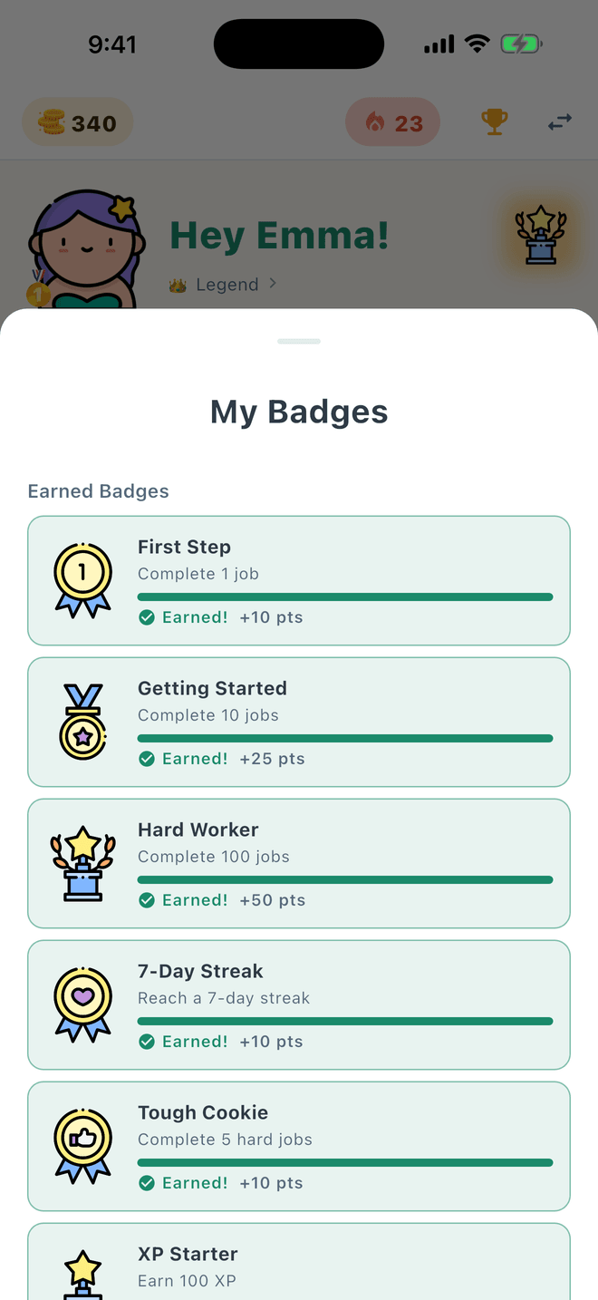 Badges screen showing the achievements a child has earned