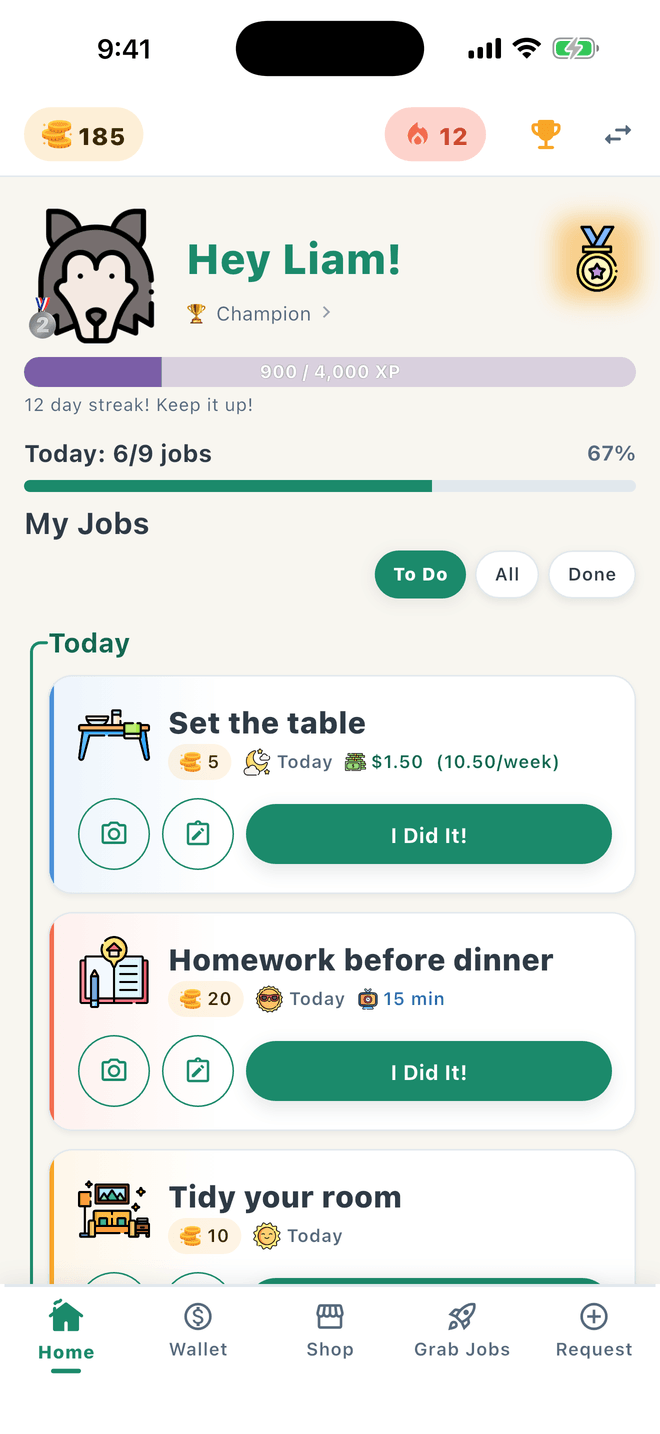 Kid experience in GrowTide — best chore app for kids with ranks, avatars, and XP progression