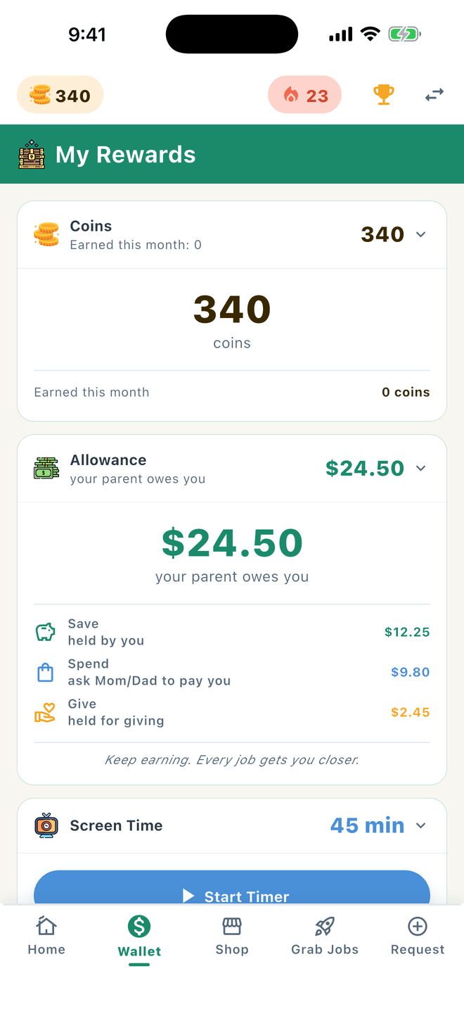 Allowance split into Save, Spend, Give buckets