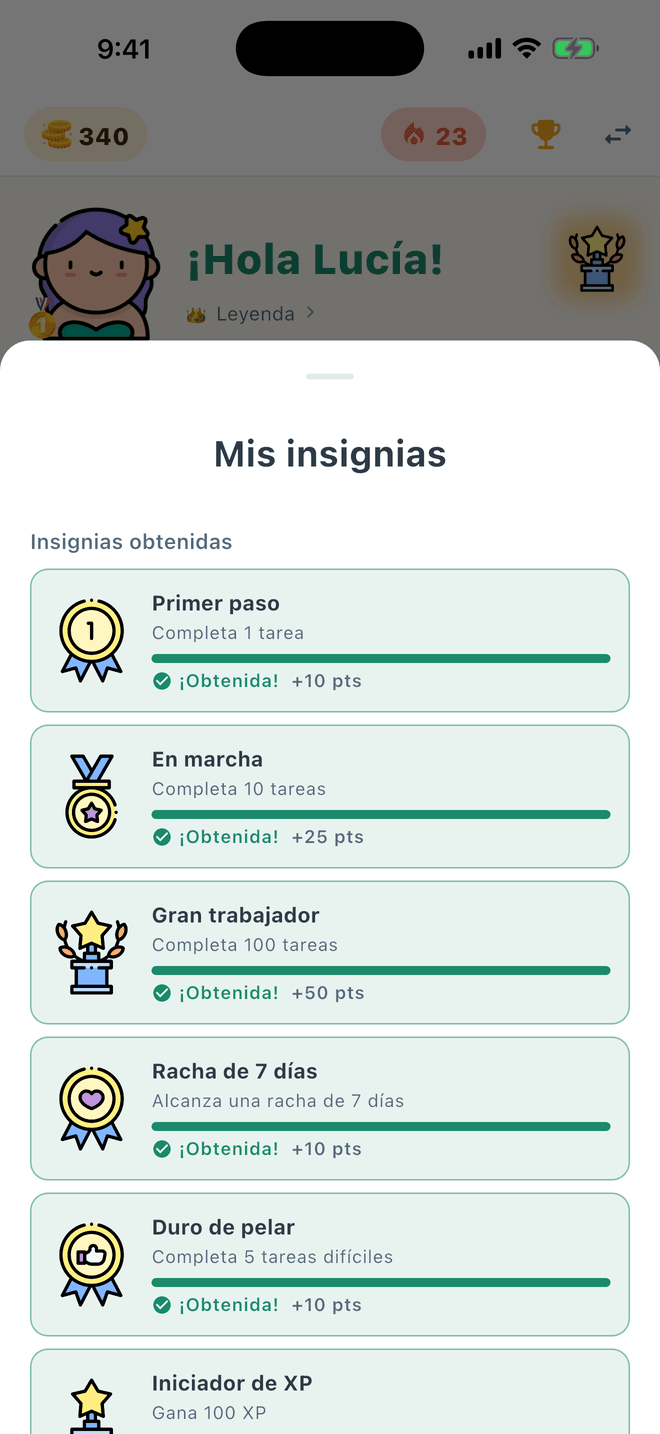 Pantalla de insignias con los logros que ha conseguido un niño
