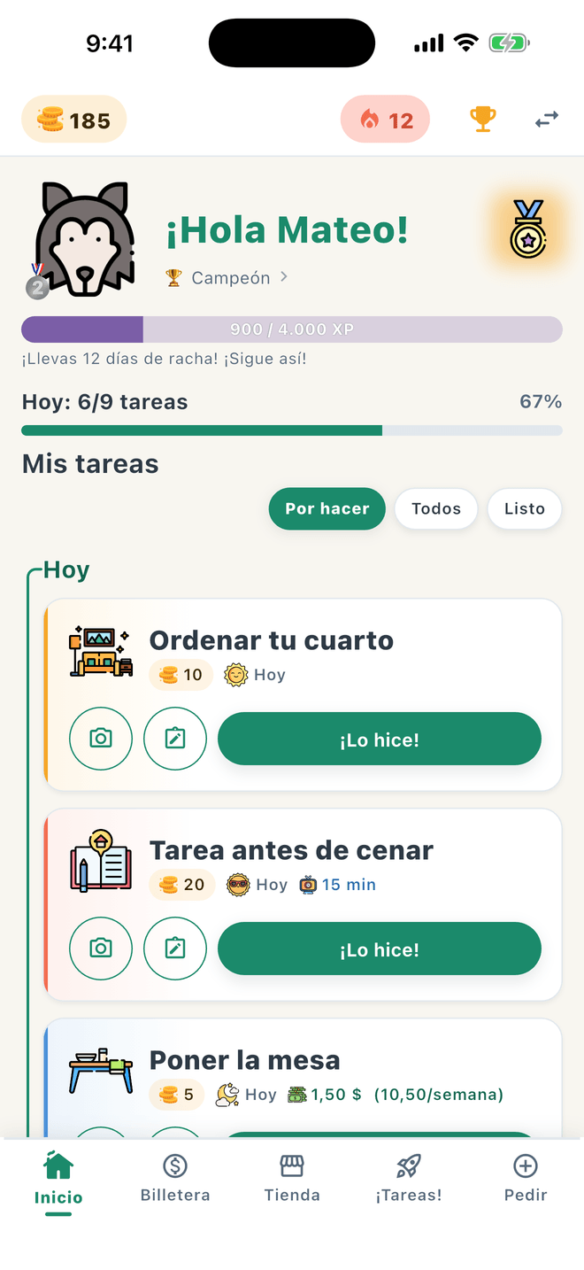 Pantalla de inicio del hijo con sus tareas y la barra de XP