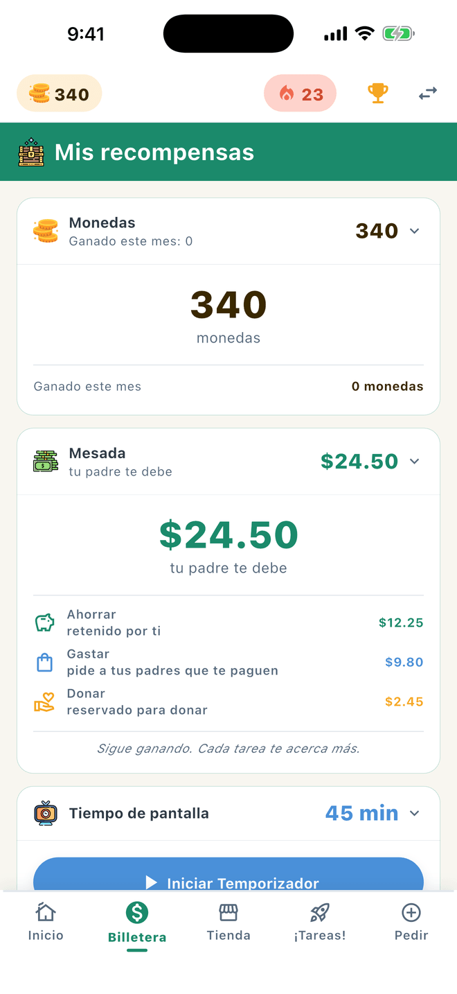 Mesada repartida en los apartados Ahorrar, Gastar y Donar