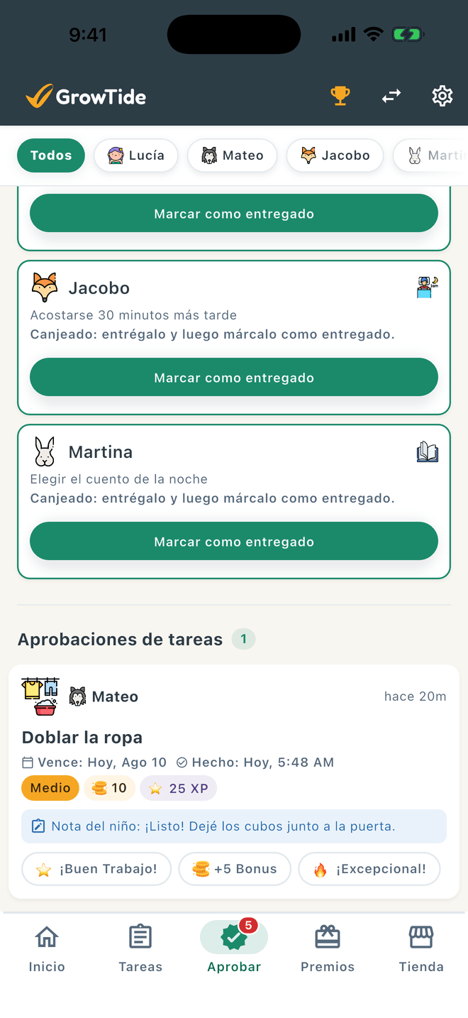 Vista de aprobación para los padres