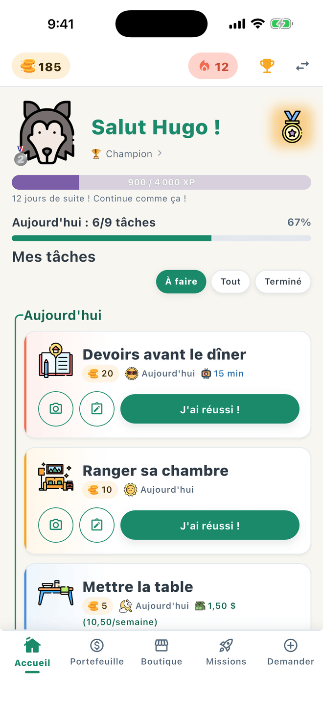 Écran d'accueil enfant avec ses tâches et la barre d'XP