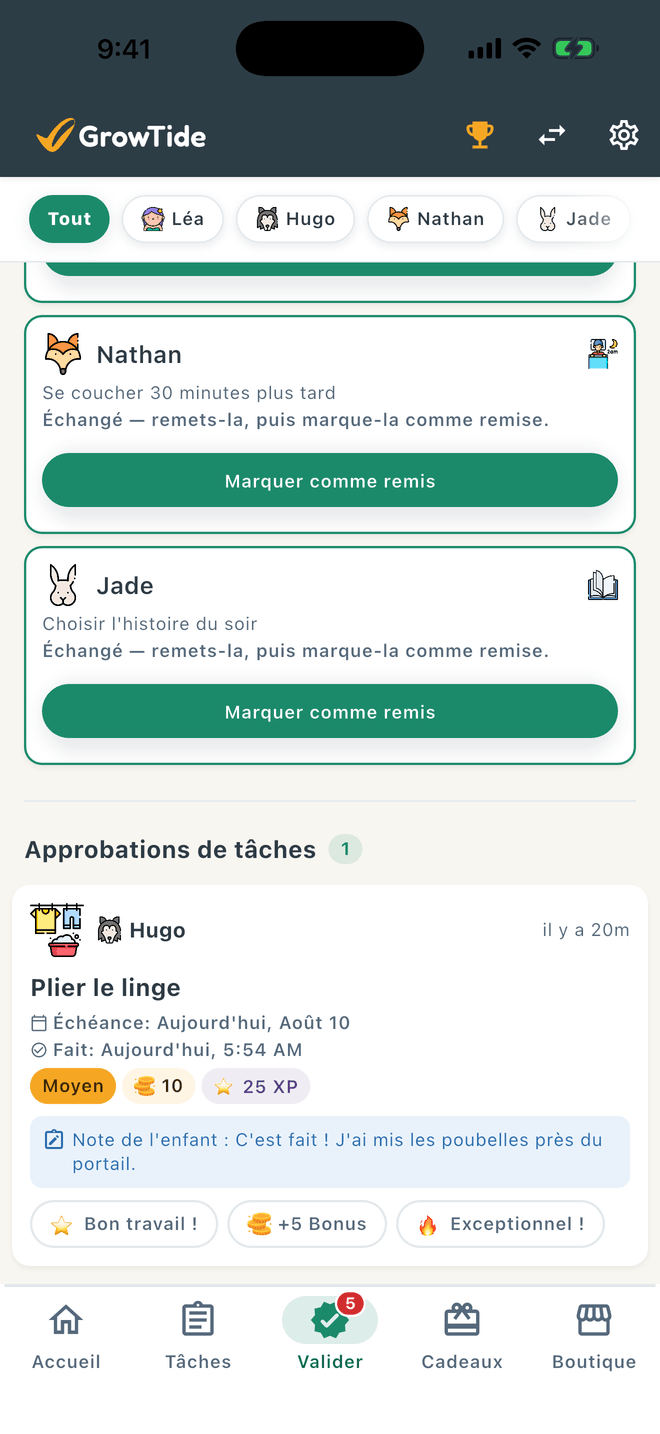 Vue de validation pour les parents