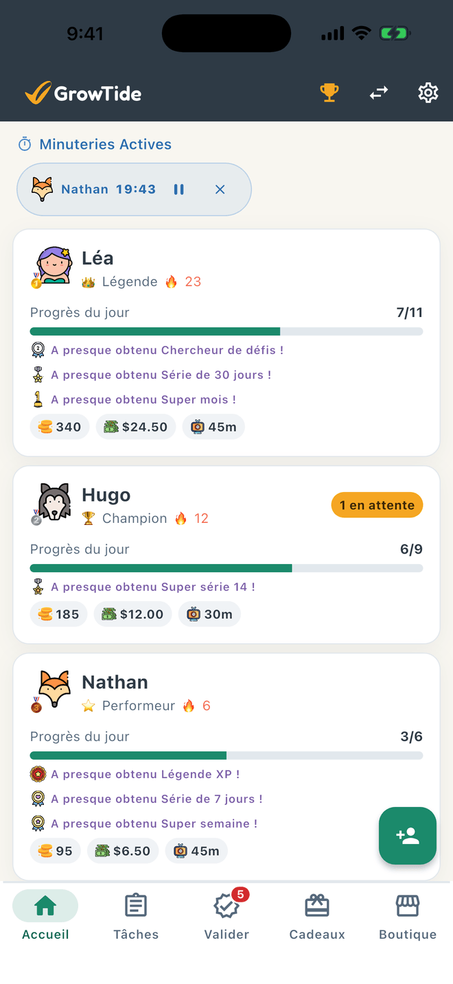 Application de tâches ménagères pour enfants en français : l'écran GrowTide avec la progression et les récompenses de chaque enfant