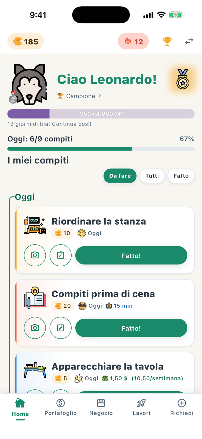 Schermata principale del figlio con le sue faccende e la barra XP