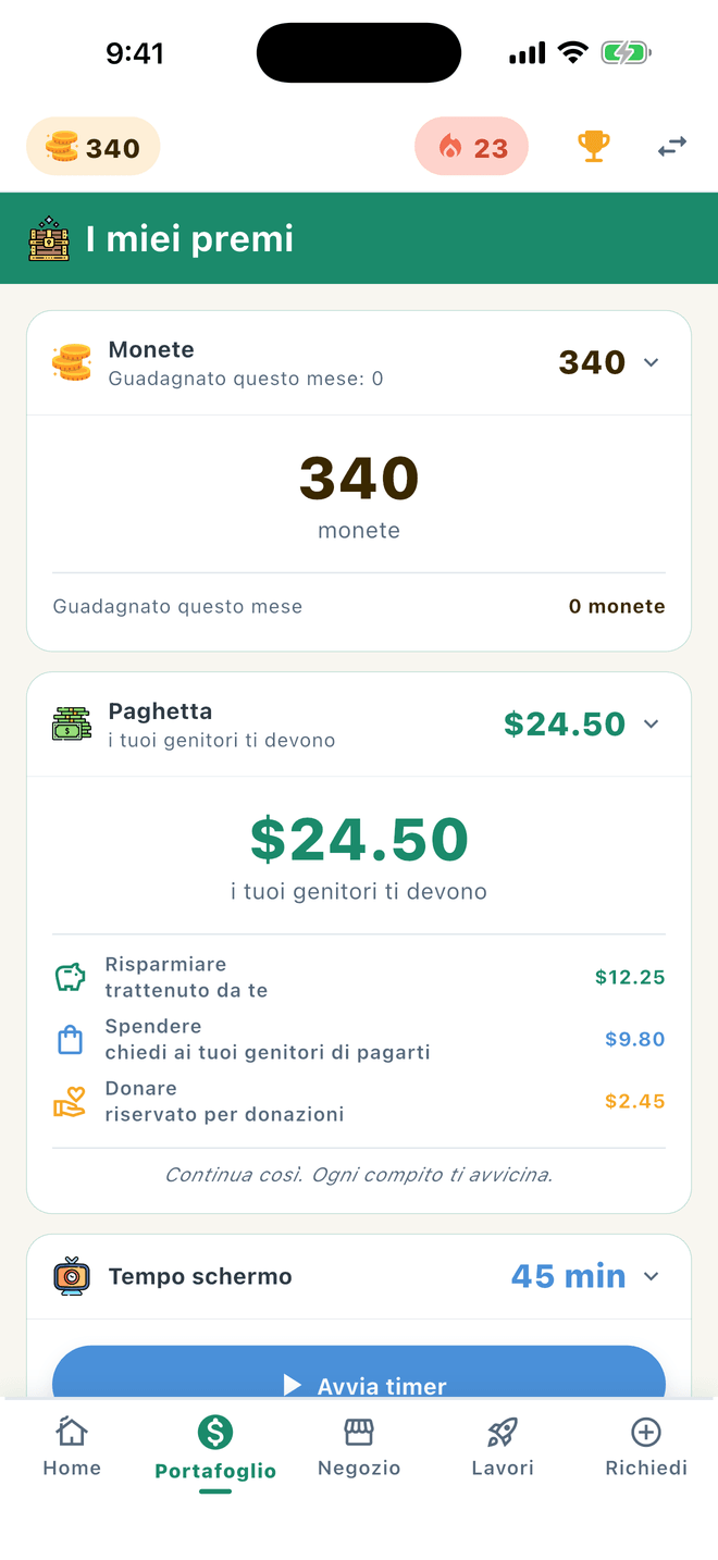 Paghetta divisa nei salvadanai Risparmiare, Spendere e Donare