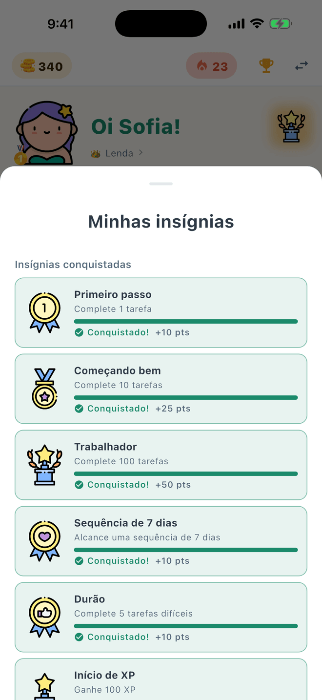 Tela de insígnias com as conquistas que a criança ganhou