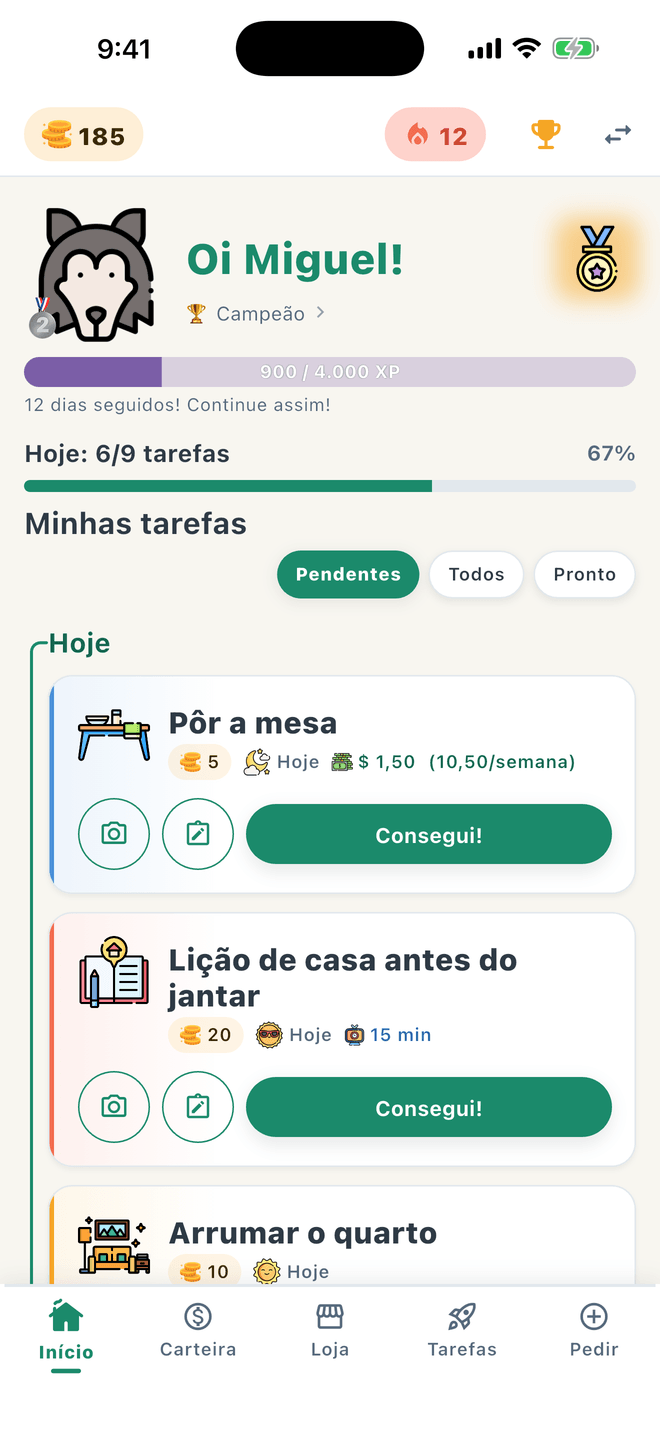 Tela inicial da criança com as tarefas e a barra de XP