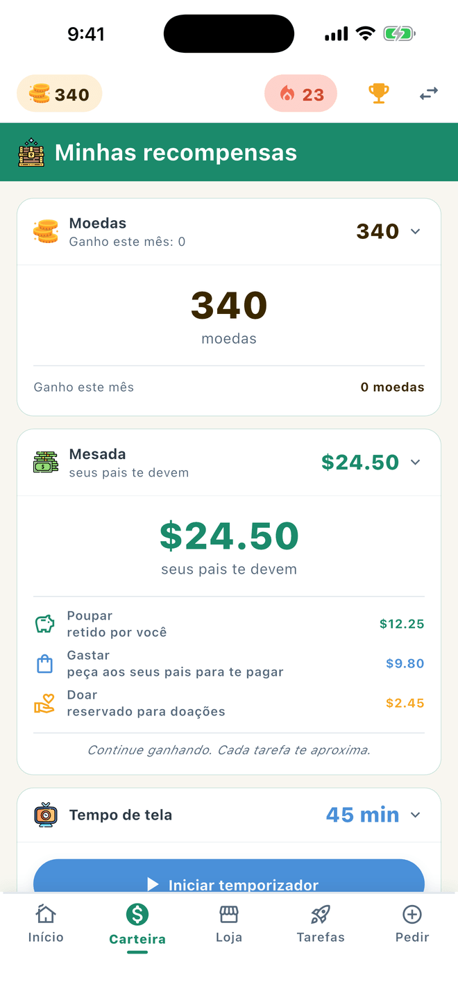 Mesada dividida entre Poupar, Gastar e Doar