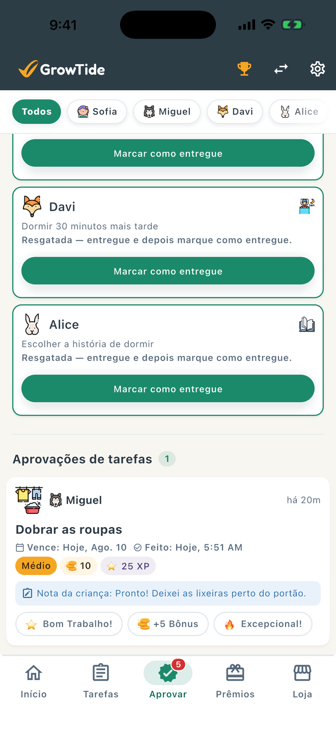 Tela de aprovação dos pais